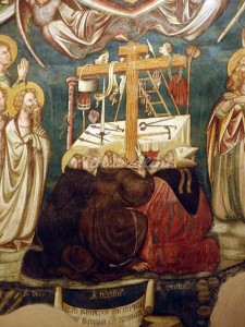 De heiligen Dominicus, Franciscus en Augustinus aan de voet van de lijdenswerktuigen